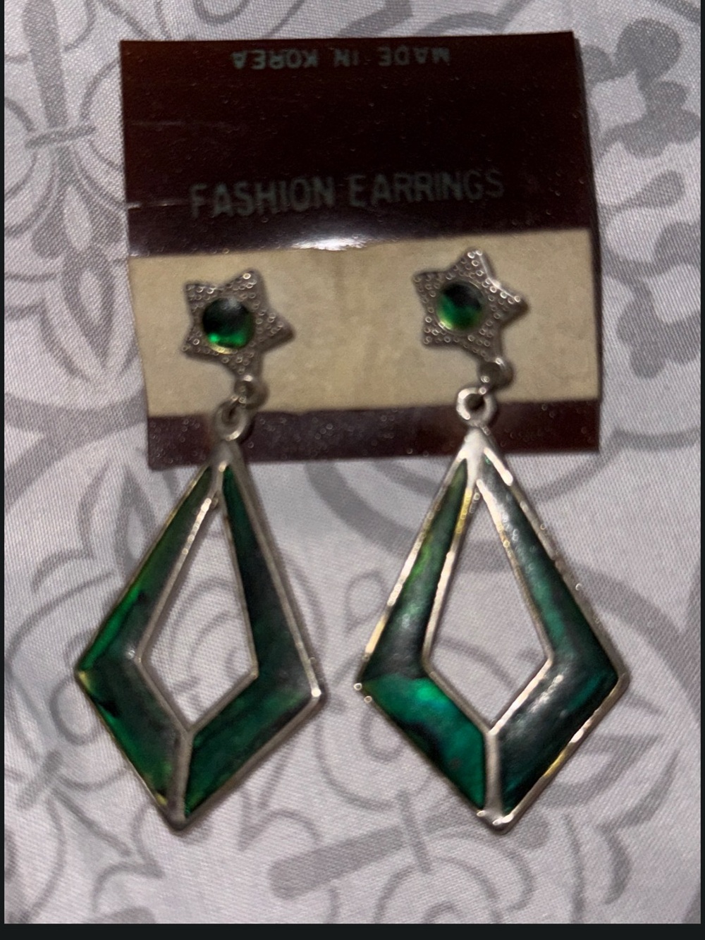 Green Geometric Drop Earrings with Star Studs